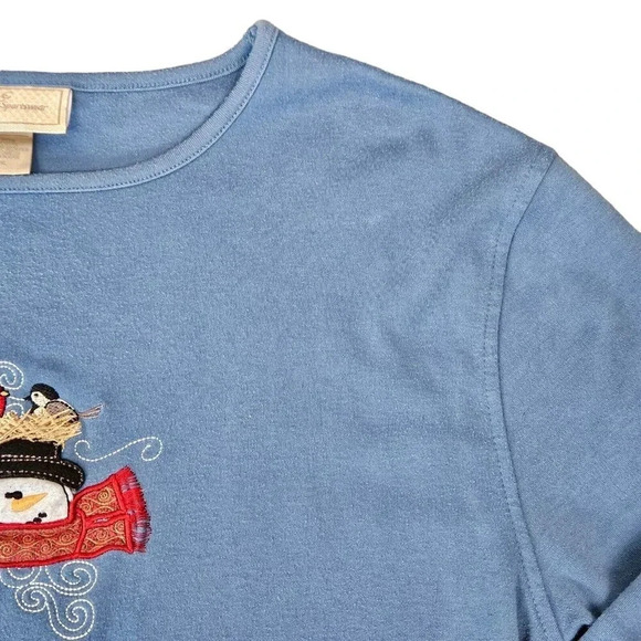 MC Sportswear Long Sleeve Light Blue Snowman Applique T-Shirt Tee Size XL Petite - Picture 3 of 10